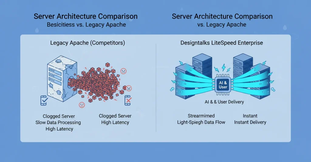Technical comparison diagram showing the speed advantage of Designtalks LiteSpeed server architecture versus legacy Apache hosting.