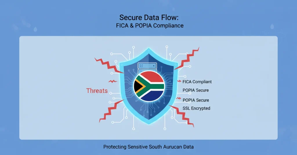 Visualization of Designtalks secure South African hosting environment demonstrating FICA and POPIA compliance capabilities.