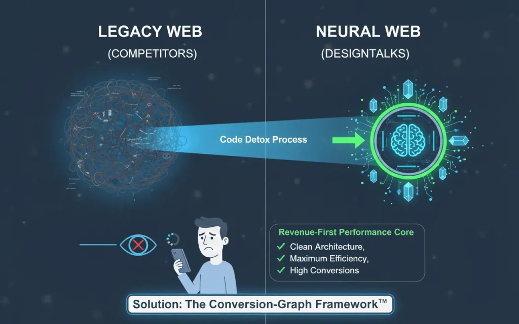 A split-screen visualization. On the left side, labeled "Legacy Web (Competitors)," a tangled, messy ball of yarn representing bloated code with small, faint text hidden inside, being ignored by a robotic eye. On the right side, labeled "Neural Web (Designtalks)," a clean, glowing, organized crystalline structure of data points, being directly plugged into a massive, glowing AI brain center.]