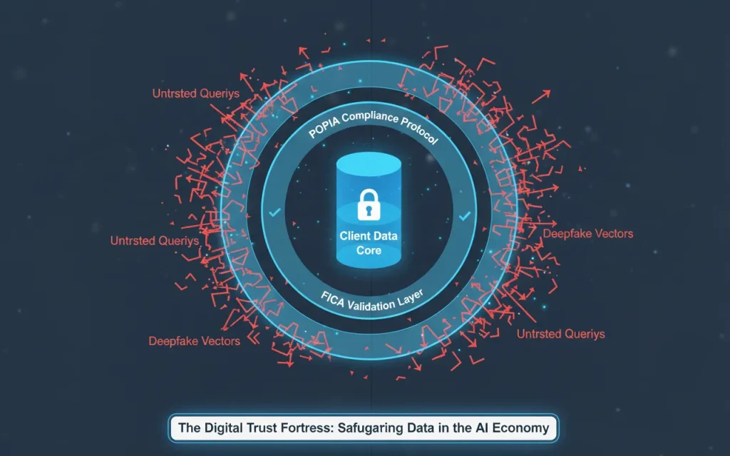 An abstract visualization of a digital "Trust Fortress." A central data cylinder labeled "Client Data Core" is surrounded by concentric, transparent rings of glowing shields labeled "POPIA Compliance Layer," "FICA Validation Layer," and "AI Transparency Protocol." Outside the fortress, chaotic red digital arrows labeled "Untrusted Queries" and "Deepfake Vectors" are bouncing harmlessly off the outer shields.