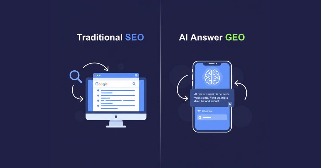 A diagram showing the evolution of search from traditional 'Blue Link SEO' on a desktop to 'AI Answer GEO' on a mobile device, where the AI provides a direct answer with citations.