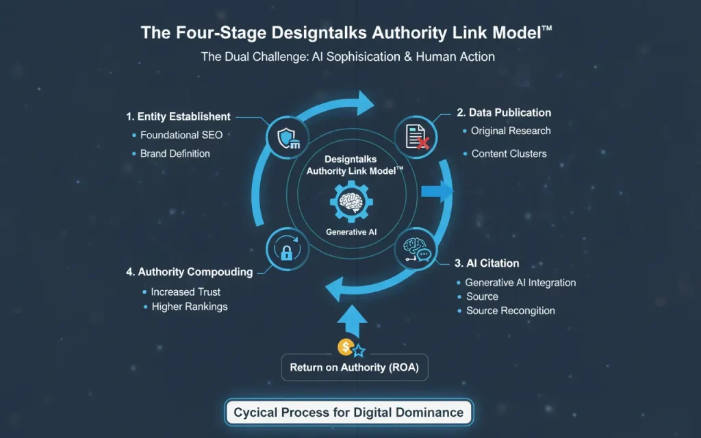 A diagram illustrating the four-stage Designtalks Authority Link Model™, showing the cyclical process from Entity Establishment to Data Publication, AI Citation, and finally Authority Compounding, leading to Return on Authority (ROA).