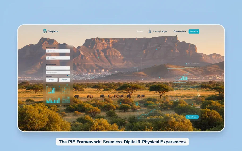 Conceptual interface of a luxury Cape Town safari website blending holographic UI elements with a real-time sunset view of Table Mountain and bushveld.