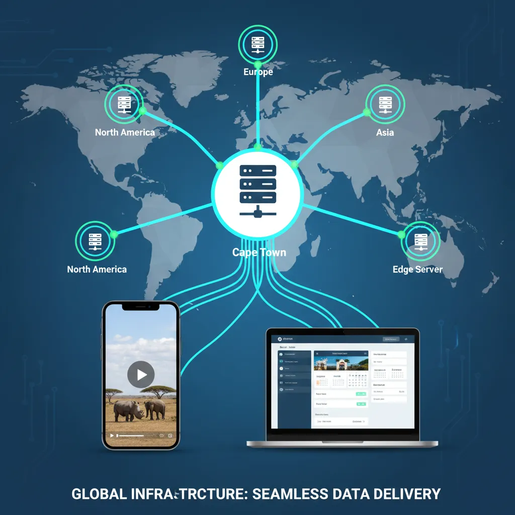 Technical diagram showing global Content Delivery Network (CDN) architecture optimizing a Cape Town safari website for international speed and mobile performance.