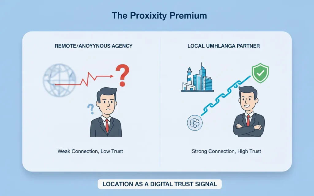 A conceptual illustration contrasting the skepticism associated with anonymous remote agencies against the high trust and confidence engendered by partnering with a verifiable local web development agency in Umhlanga.