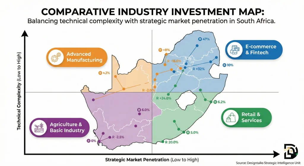 Comparative Industry Investment Map: Balancing technical complexity with strategic market penetration in South Africa. Source: Designtalks Strategic Intelligence Unit.